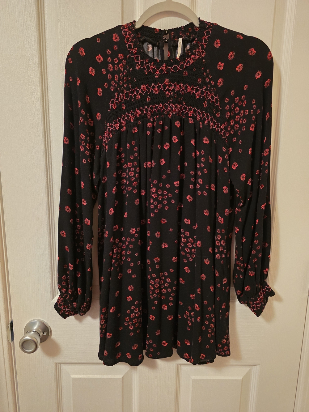 Free People Black Long-Sleeve Babydoll Dress with Red Floral Print